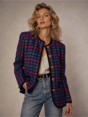 Carlisle Vintage‎ Silk Wool Houndstooth Blazer 80s Hong Kong Gold Buttons 6